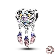 S925 Sterling Silver Charm For Bracelets Dream Catcher Heart Pink Edition