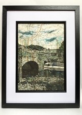 Hebden Bridge Packhorse Bridge Pen Drawing Over Map West Yorkshire. A4 Unframed