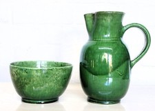 Antique Jug & Bowl Ceramic Greenware Dark Green Farnham Earthenware Salt Glazed