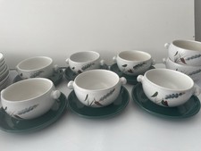 Denby Wheatsheaf 8 × Double-handled soup bowls 6 With matching teal saucers