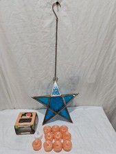 Vintage Style blue  Star Hanging Tea Light+ yankee  Candles Lantern Holder 10"