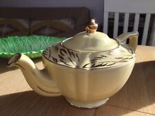 Rare Yellow SADLER England Large Oval Shape TEAPOT Heavy Gilt Leaves & Trim