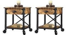 Set Of 2 End Table Nightstand Bedside Organizer Drawer Wheels Rustic Iron NEW