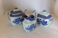 Antique Ironstone Teapot, Milk Jug & Sugar Bowl Set: Blue & White C.1840