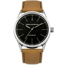 BRAND NEW MENS FRENCH CONNECTION WATCH ROUND BLACK DIAL BEIGE LEATHER STRAP