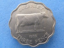 GUERNSEY NICKLE THREE PENCE 1959 'GUERNSEY COW' HIGH GRADE £1.99  (Box.27