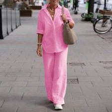 Plus Size Women Plain Shirt Tops Wide Leg Pants Tracksuit Loungewear Outfit Sets