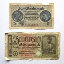 2 Vintage Banknotes Germany Funf Zwanzig Reichsmark c.1940 WW2 Second World War