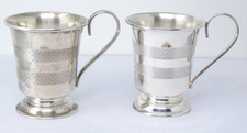 Christening Cups Pair EPNS Engine Turned Bands Silver Plated Handled
