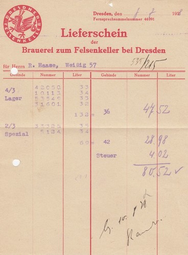 Dresden invoice 1928 brewery - dresden,,