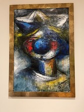 Laughing Clown Acrylic on canvas in high good quality mottled gold frame (large)