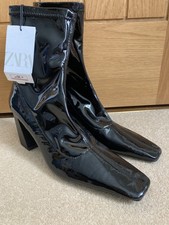 BNWT Zara UK size 4 (Eur 37)black patent PVC block heel ankle sock boots RRP £40