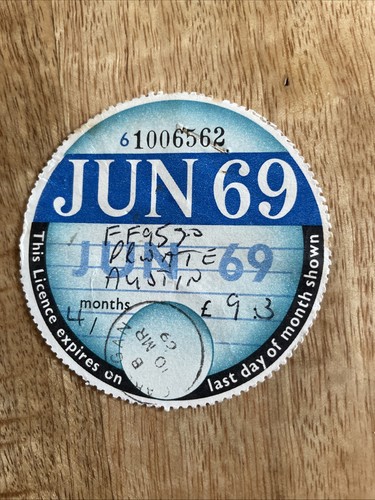 Old vintage tax disc june - vintage, 1969