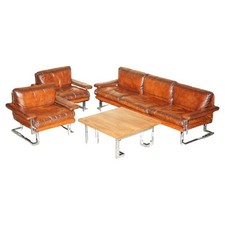 RESTORED TIM BATES PIEFF MANDARIN LEATHER CHROME & ROSEWOOD SOFA ARMCHAIR SUITE