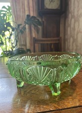 Vintage Large Art Deco Green Glass Footed Fruit Bowl