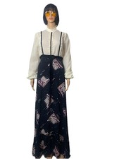 Vintage 60s/70s Prairie  Edwardian Cream/Black/Brown Long Maxi Dress Size 14 UK
