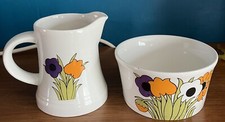Vtg Royal Tudor Ware Springtime Milk Jug, Sugar Bowl Purple Orange Flowers Dolly