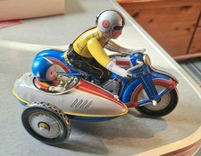Vintage Style Tinplate Clockwork windup Motor Bike & Sidecar Good Working Order