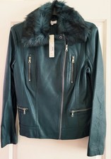 Red Herring Teal Faux Leather Biker Jacket With Faux Fur Collar, Size 14 - Bnwt