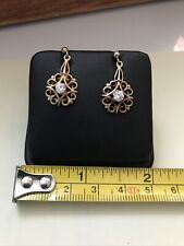 Retro Antique 9Ct Y Gold Fret Scroll Work Framed ?Diamond Stud Drop Earrings
