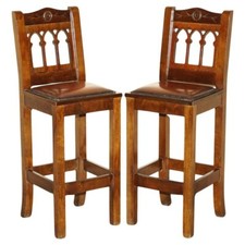VINTAGE PAIR OF FULLY RESTORED BROWN LEATHER ARTS & CRAFTS KITCHEN BAR STOOLS