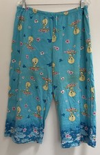 Warner Bros. Women's Floral Tweety Bird Adjustable Waist Capri PJ Pants Blue L