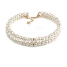 Elegant Two-Row Pearl Choker Style Necklace with Gold Tone Closure - 37cm L/