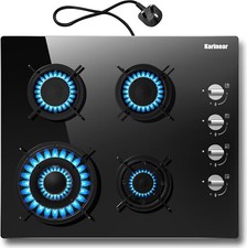 Karinear Gas Hob 4 Burners Cas Hob with 13AMP Plug Gas Hob 60cm Glass LPG/NG ...