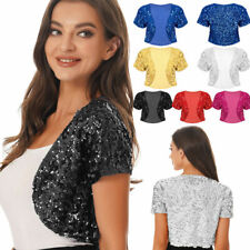Women's Shiny Sequin Blazer Open Front Short Sleeve Jacket Crop Top Clubwear UK