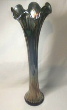Fenton ? Vase Rib Swung Cobalt Blue Iridescent Carnival Glass Tall Large 41.5cm