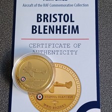 RAF BRISTOL BLENHEIM ROYAL AIR FORCE 44m ENAMELLED GOLD PLATED MEDAL - coa