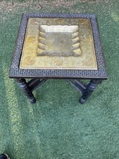 Antique Brass Top Folding Table Ornate Carved Wood Base Moroccan Indian Style