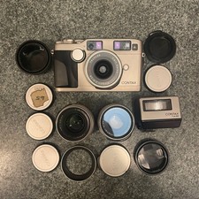 Contax G2 Rangefinder 35mm Film Camera + 28mm 35mm 45mm lenses and flash