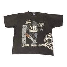 Vintage Los Angeles Raiders T Shirt Mens 2XL Black 90s NFL Aerial Assuming AOP