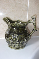 ARTHUR WOOD GREEN GLAZE POTTERY JUG-3D RELIEF DANIEL IN LION DEN BIBLICAL STORY
