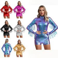 UK Sexy Womens Shiny Metallic Long Sleeve Bodysuit Tassels Leotard Jumpsuit Club