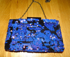 Beth Jordan rigid Navy Sequinned evening Bag, snap closure  with optional Chain