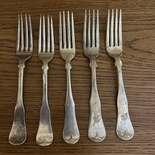 5 Vintage Silverplate Forks Rogers & Bros White Metal Silveroid Fiddle Monogram