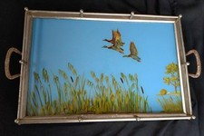 Vintage Retro Serving Tray Flying Ducks Painted on Glass. 