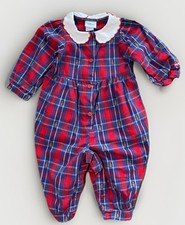VTG Rare Baby Bgosh Oshkosh Romper Girls Plaid Bear Teddy 12 months Red & Blue
