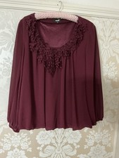 Mondi Burgundy Long Sleeved Dressy Top Leaf Like Detail Neck Edge 14