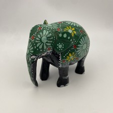 Hand Painted Indian Wooden Elephant Ornament Green Floral Folk Art 8cm