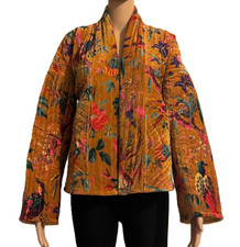 Mustard Velvet Kantha Quilted Jacket Boho Floral Winter Coat | 100% Cotton Lined