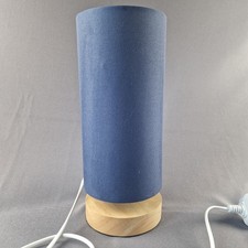 Cylinder Shaped Wooden Table Lamp with Shade, Light Wood, Blue Shade, 30cm Tall