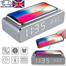 Digital Alarm Clock Wireless Charger Dock Mirror Face Clock with Thermometer