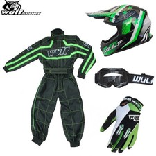 Wulf Kids Green Motocross Helmet Stratos Gloves Goggles Kart Race Suit Off Road