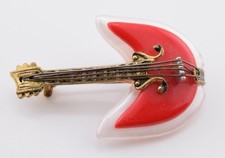 Vintage Spain 1970’s Damascene, MOP and Lucite Red Guitar Brooch MCM Mod