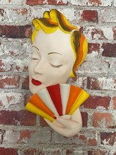 Art Deco Flapper Girl Holding a Fan Chalkware Face Mask  Stamped ROCKNY