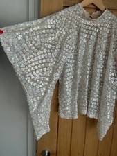 ZARA Trinny Sequin Blouse Top White Gold Size S Nude Net Puffed Mutton Sleeves