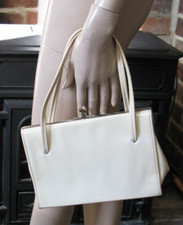 VINTAGE 1960s 60s Classic Beige Silver Clasp Double Handle Handbag Wedding MOD